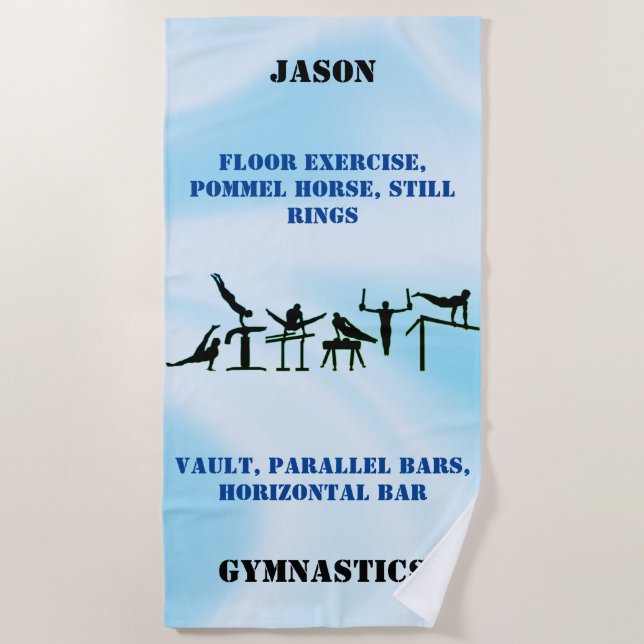 Boys Gymnastics Blue Ombre Beach Towel w/ His Name (Front)