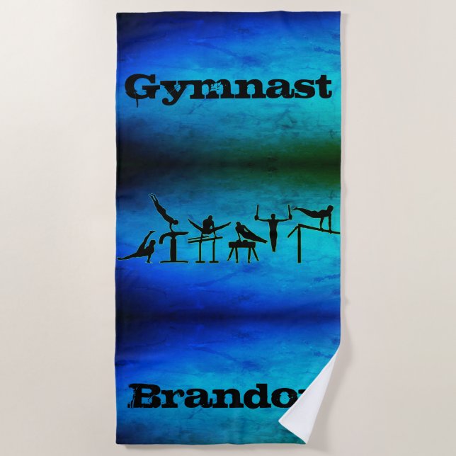 Boys Gymnastics Custom Name Blue Green Beach Towel (Front)