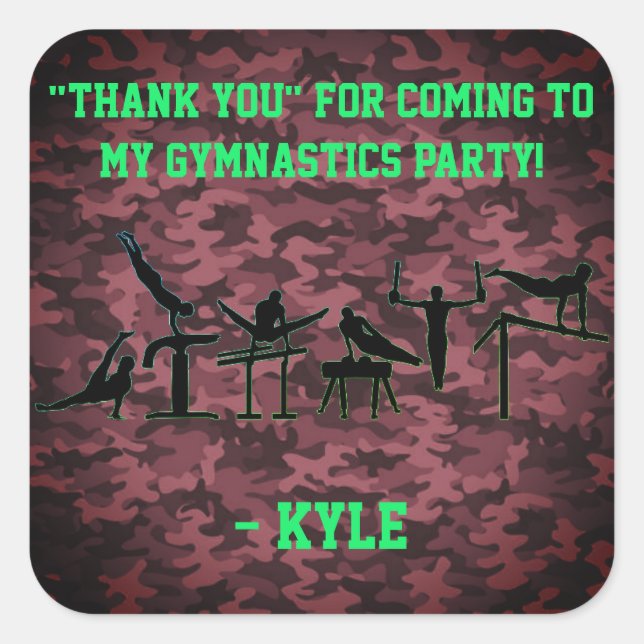 Boys Gymnastics Party "Thank you" Camouflage Square Sticker (Front)