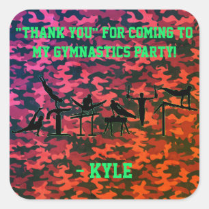 Boys Gymnastics Party "Thank you" Camouflage Square Sticker