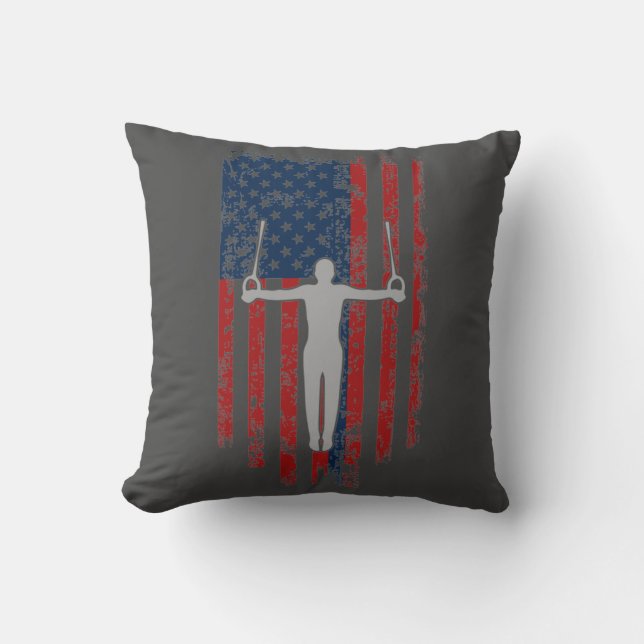 Boys Gymnastics Rings Distressed American Flag  Throw Pillow (Front)