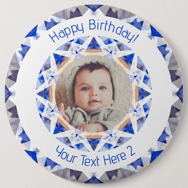 Boys Happy Birthday Blue Star Custom Photo Age 6 Inch Round Button (Front)