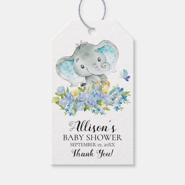 Boys Happy Elephant Baby Shower Favour Gift Tag (Front)