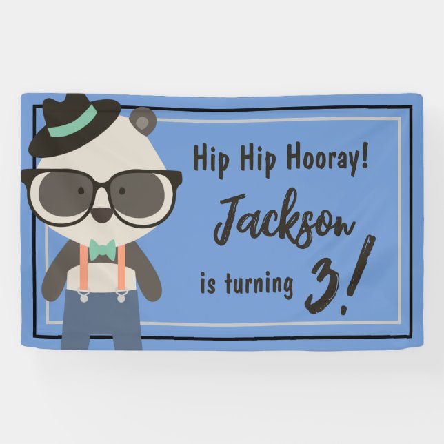Boys Hipster Mister Panda Bear Birthday Banner (Horizontal)