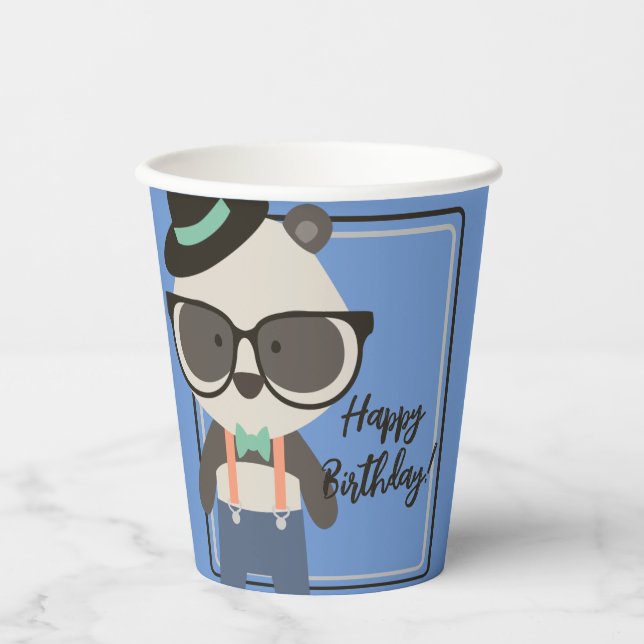 Boys Hipster Mister Panda Bear Birthday Paper Cups (Front)