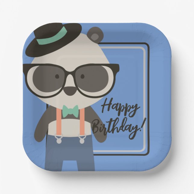 Boys Hipster Mister Panda Bear Birthday Paper Plate (Front)