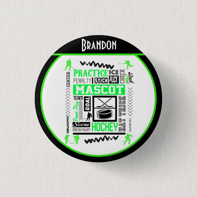 Boys Hockey Terminology Personalized Neon Green    1 Inch Round Button (Front)