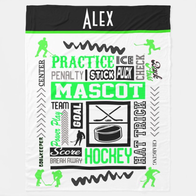 Boys Hockey Terminology Personalized Neon Green  Fleece Blanket (Front)