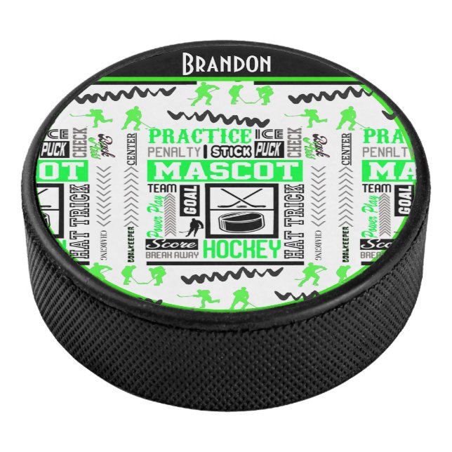 Boys Hockey Terminology Personalized Neon Green    Hockey Puck (3/4)