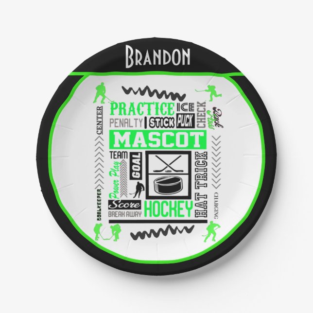 Boys Hockey Terminology Personalized Neon Green    Paper Plate (Front)