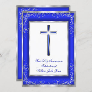 Boys Holy Communion Silver Royal Blue Cross Invitation