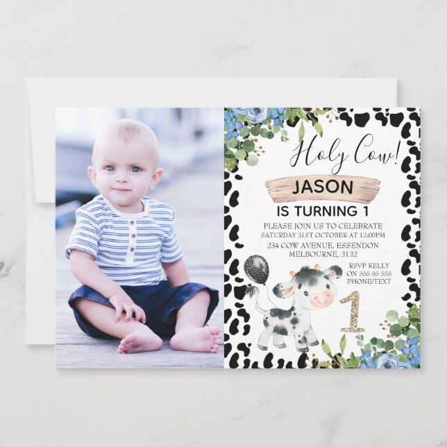 Boys Holy Cow and Cow Print Photo 1st Birthday Invitation (Front)