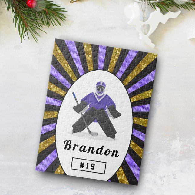 Boys Ice Hockey Player Name & Number Purple Gold Jigsaw Puzzle (Creator Uploaded)