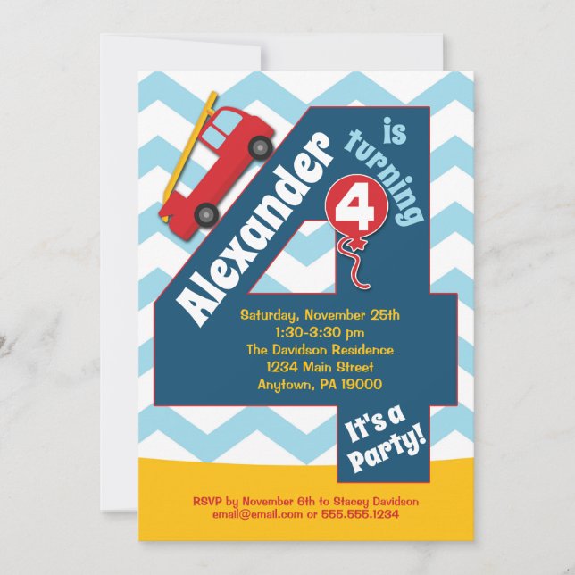 Boys Invitation 4e anniversaire Camion d'incendie (Devant)