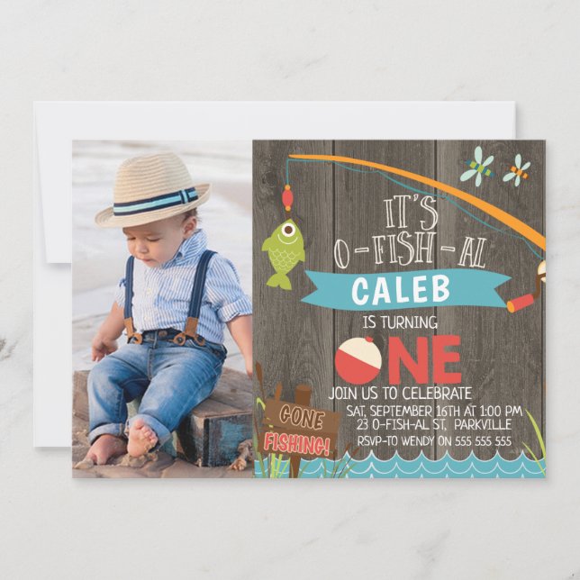 Boys Its O-fish-al Photo First Birthday Invitation (Front)