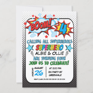 Boys Joint Superhero  4th Birthday Invitation