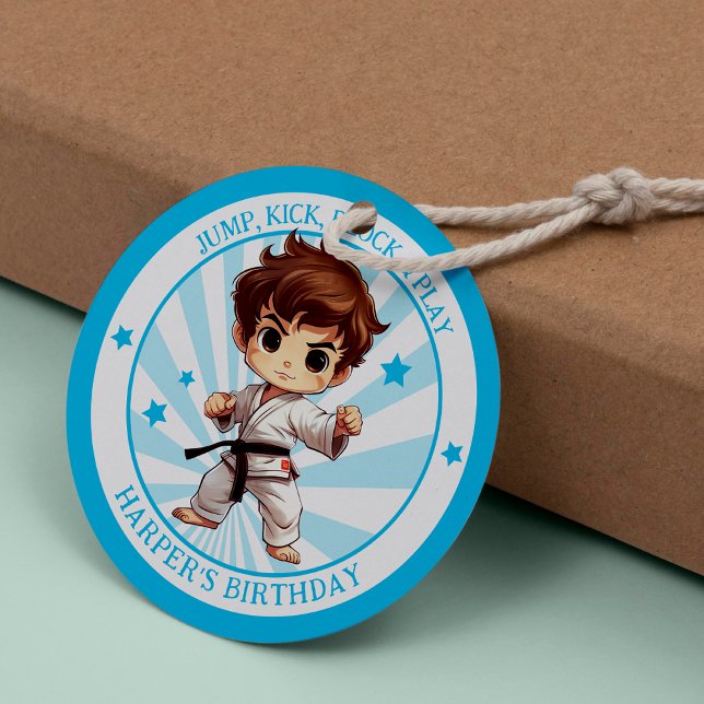 Boy's Karate Martial Arts Birthday Party Classic Round Sticker (Celebrate with kicks and birthday tricks! Kick up the fun with our Karate party supplies!)