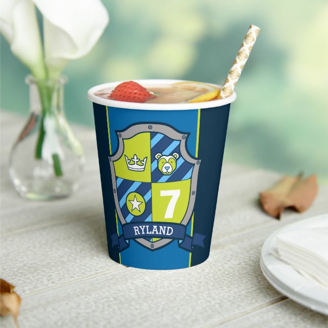 Boys knights birthday personalized blue kid party paper cups (Insitu)