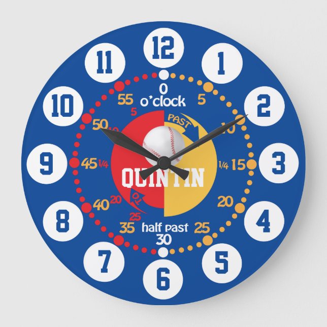Boys learn to tell time blue name baseball clock (Front)