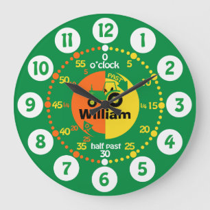 Boys learn to tell time green yellow tractor clock