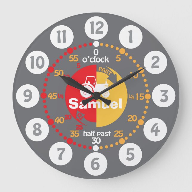 Boys learn to tell time grey red tractor clock (Front)