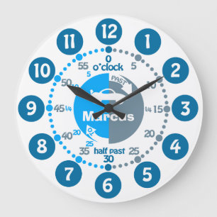 Boys learn to tell time muted blue named car clock