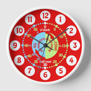 Boys learn to tell time red wall clock