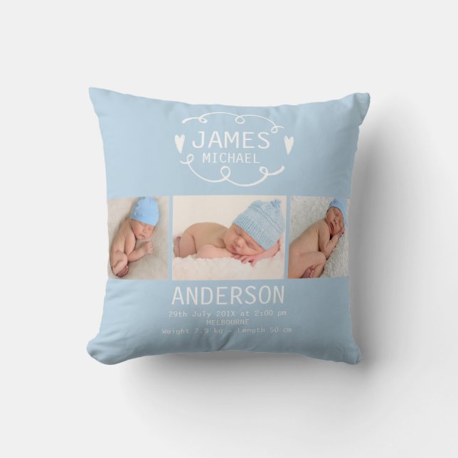 Boys Light Blue Photo Birth Announcement Cushion (Front)