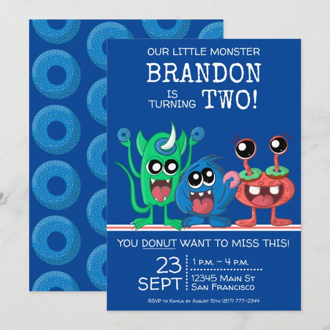 Boys Little Monster Doughnut Birthday Party Invitation (Front/Back)