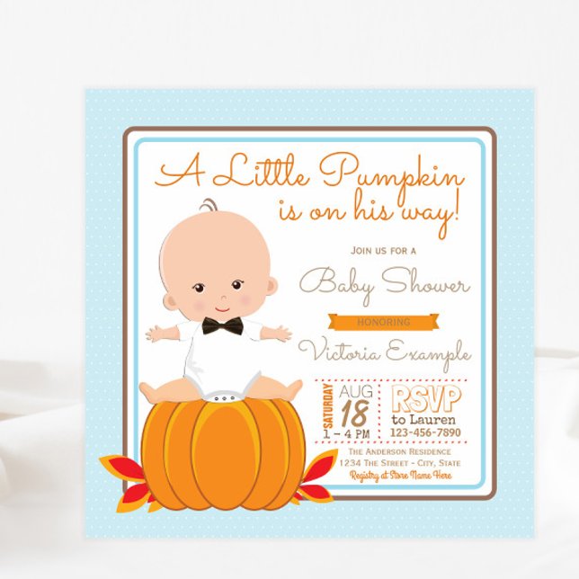 Boys Little Pumpkin Baby Shower Invitation (Cute little pumpkin baby shower invitation with adorable baby boy. Simply add your event details.)