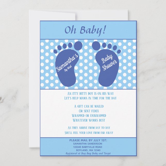 Boys Long Distance Baby Shower Baby Foot Print Invitation (Front)