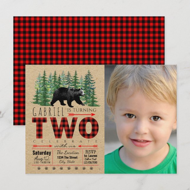 Boys Lumberjack Second Birthday Party Invitations (Front/Back)
