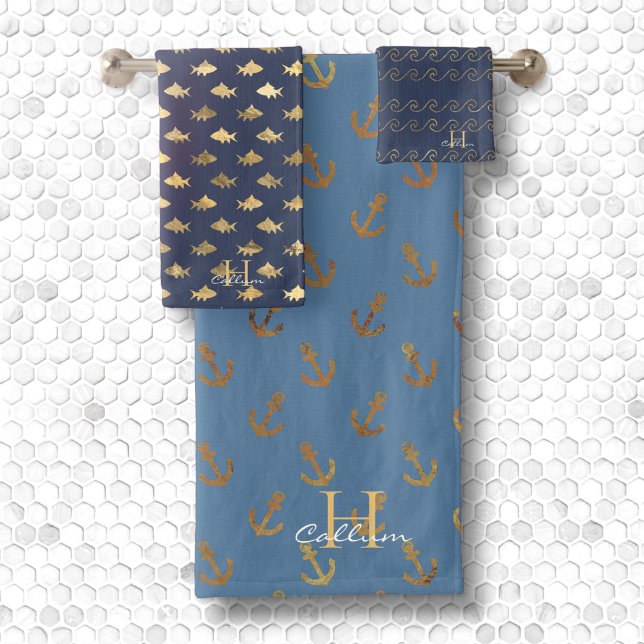 Boys Metallic Gold Monogrammed Navy Blue Sailor Bath Towel Set (Creator Uploaded)