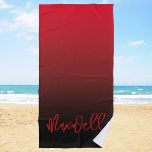 Boys Modern Black and Red Custom Name Beach Towel