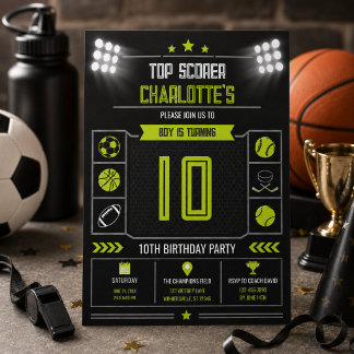 Boys Modern Black Sports Kids 10th Birthday Invitation