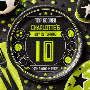 Boys Modern Black Sports Kids 10th Birthday Paper Plate