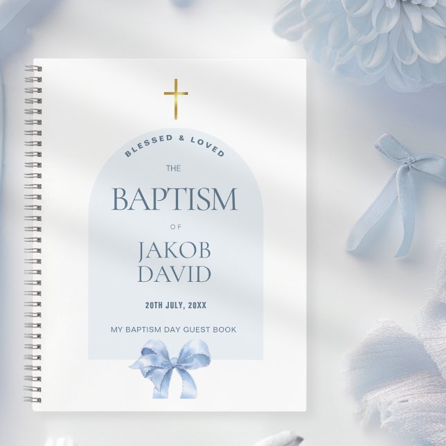 Boy's Modern Blue Bow Baptism Guest Book (Creator Uploaded)