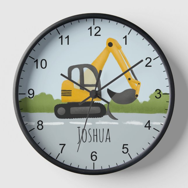 Boys Modern Blue Construction Digger Excavator Clock (Front)