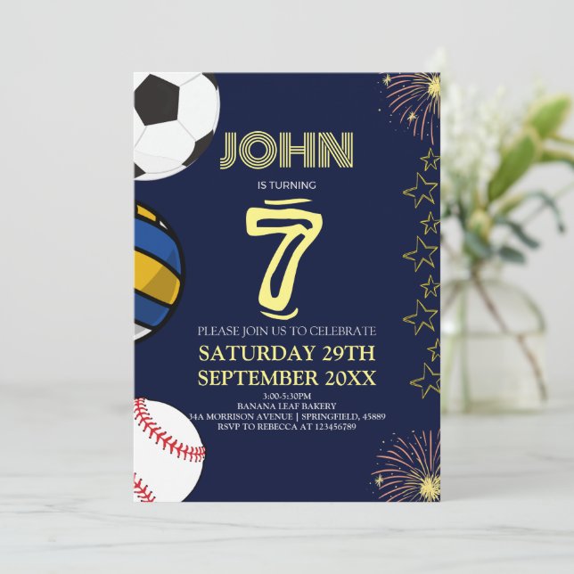 Boys Modern Blue Sports Kids Birthday Invitation (Standing Front)