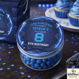 Boys Modern Cool Blue Gaming 8th Birthday Party Classic Round Sticker