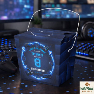 Boys Modern Cool Blue Gaming 8th Birthday Party Favor Box