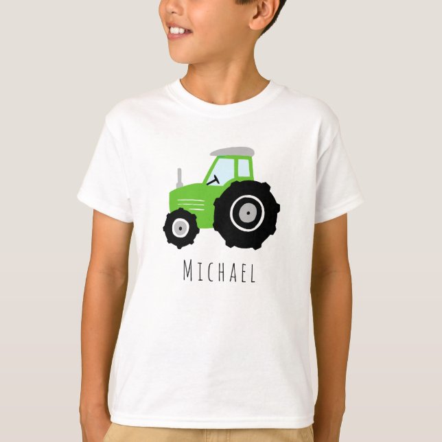 Boys Modern Green Farm Tractor and Name T-Shirt (Front)