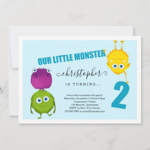 Boy's Monster First 2nd Birthday Party Invitation