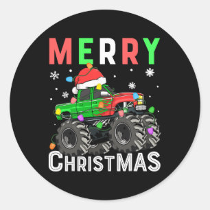 Boys Monster Truck Merry Christmas Santa Hat Kids Classic Round Sticker