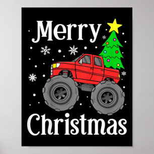 Boys Monster Truck Merry Christmas Tree Snowflakes Poster