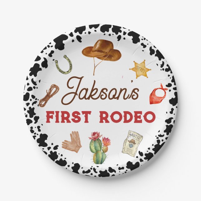 Boys My First Rodeo Cowboy 1st Birthday Paper Plate (Front)