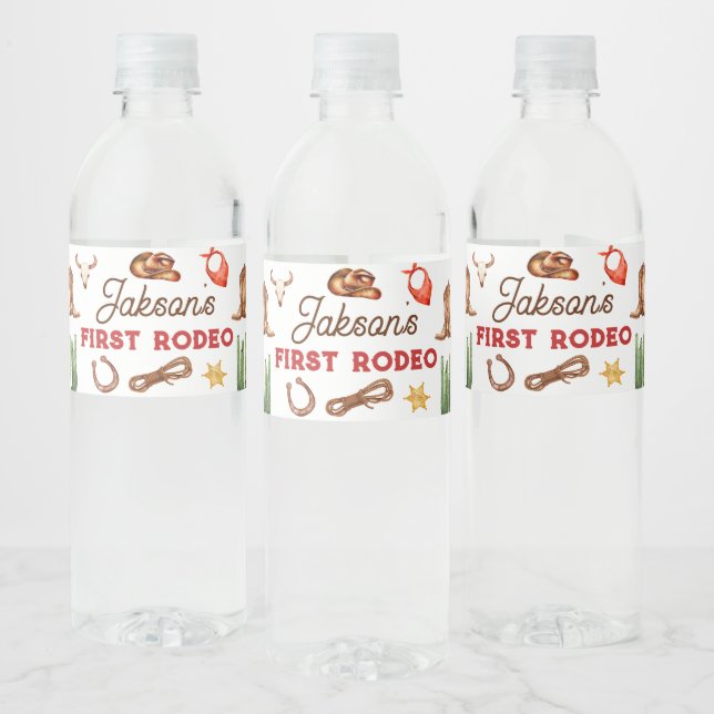Boys My First Rodeo Cowboy 1st Birthday  Water Bottle Label (Bottles)
