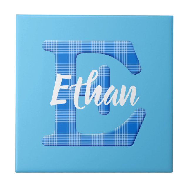 Boys Name Custom Plaid Letter E Tile (Front)