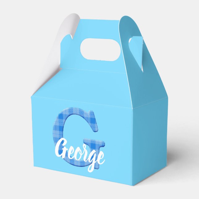 Boys Name Custom Plaid Letter G Custom Blue Favor Box (Front Side)