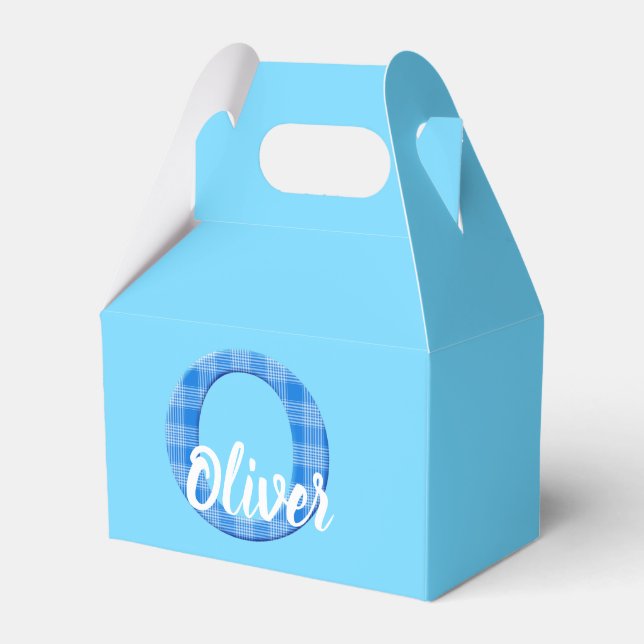 Boys Name Custom Plaid Letter O Custom Blue Favor Box (Front Side)